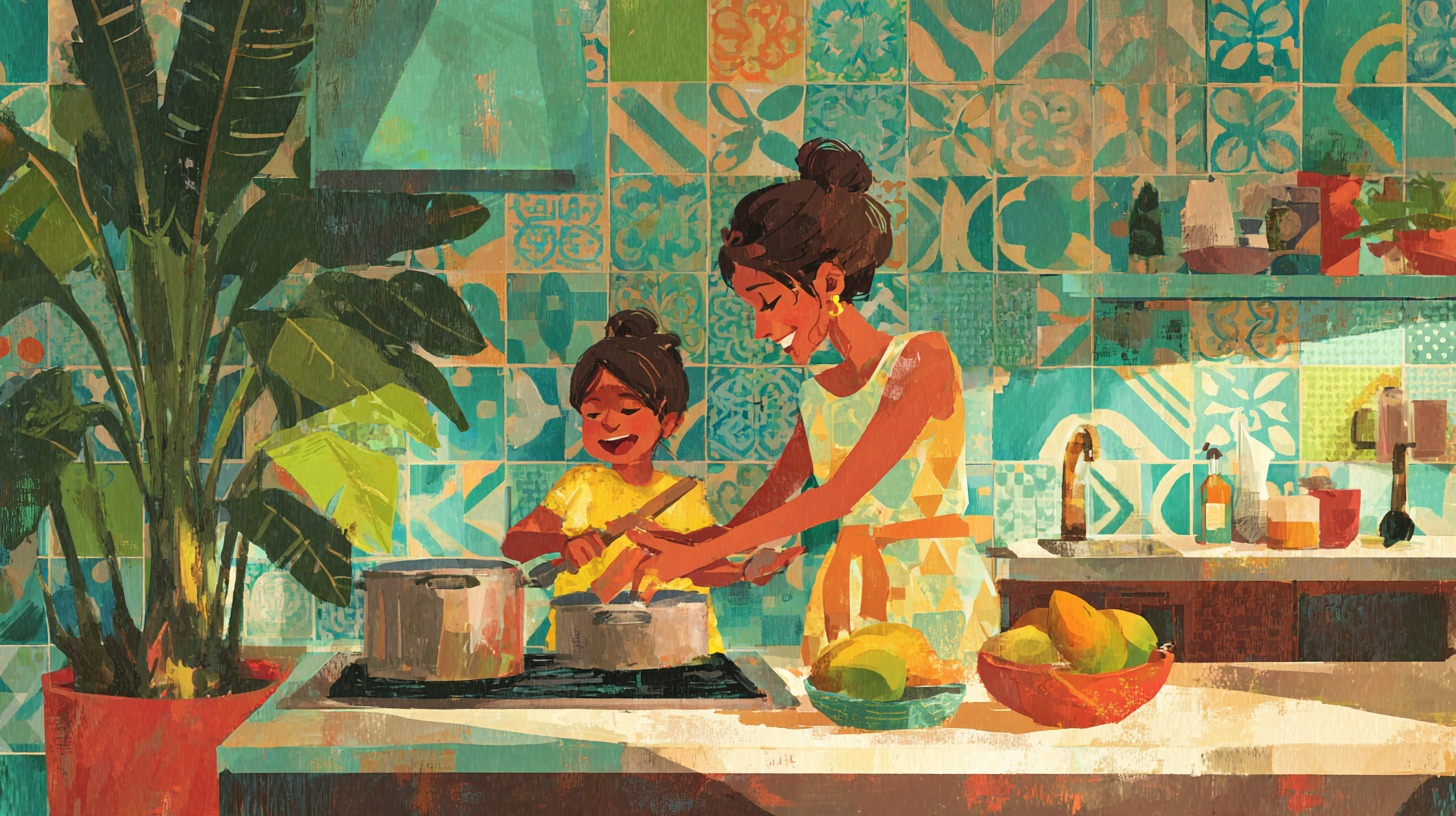 Parent and child cooking together joyfully in the kitchen sharing food preparation tasks