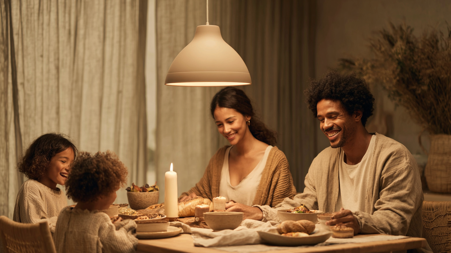 Peaceful family mealtime with children and parents relaxed and smiling at the table
