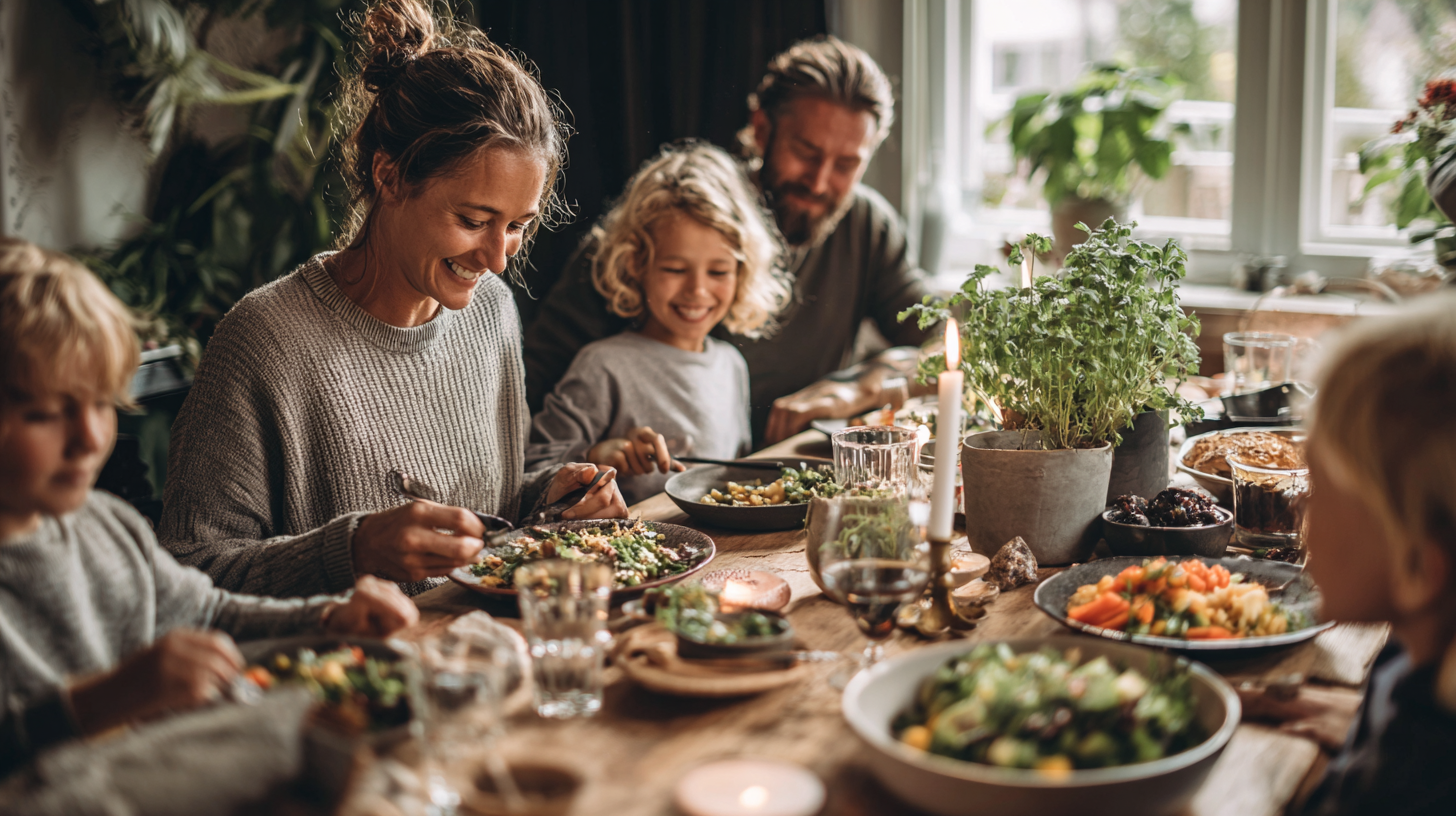 Family sharing a joyful meal together demonstrating positive feeding practices and food culture