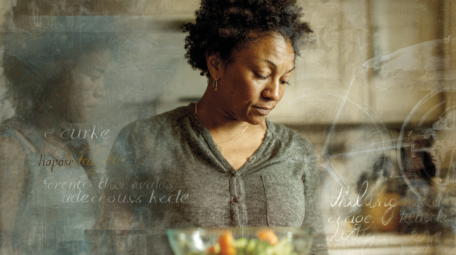 Parent reflecting on family food traditions while preparing nutritious meal for children
