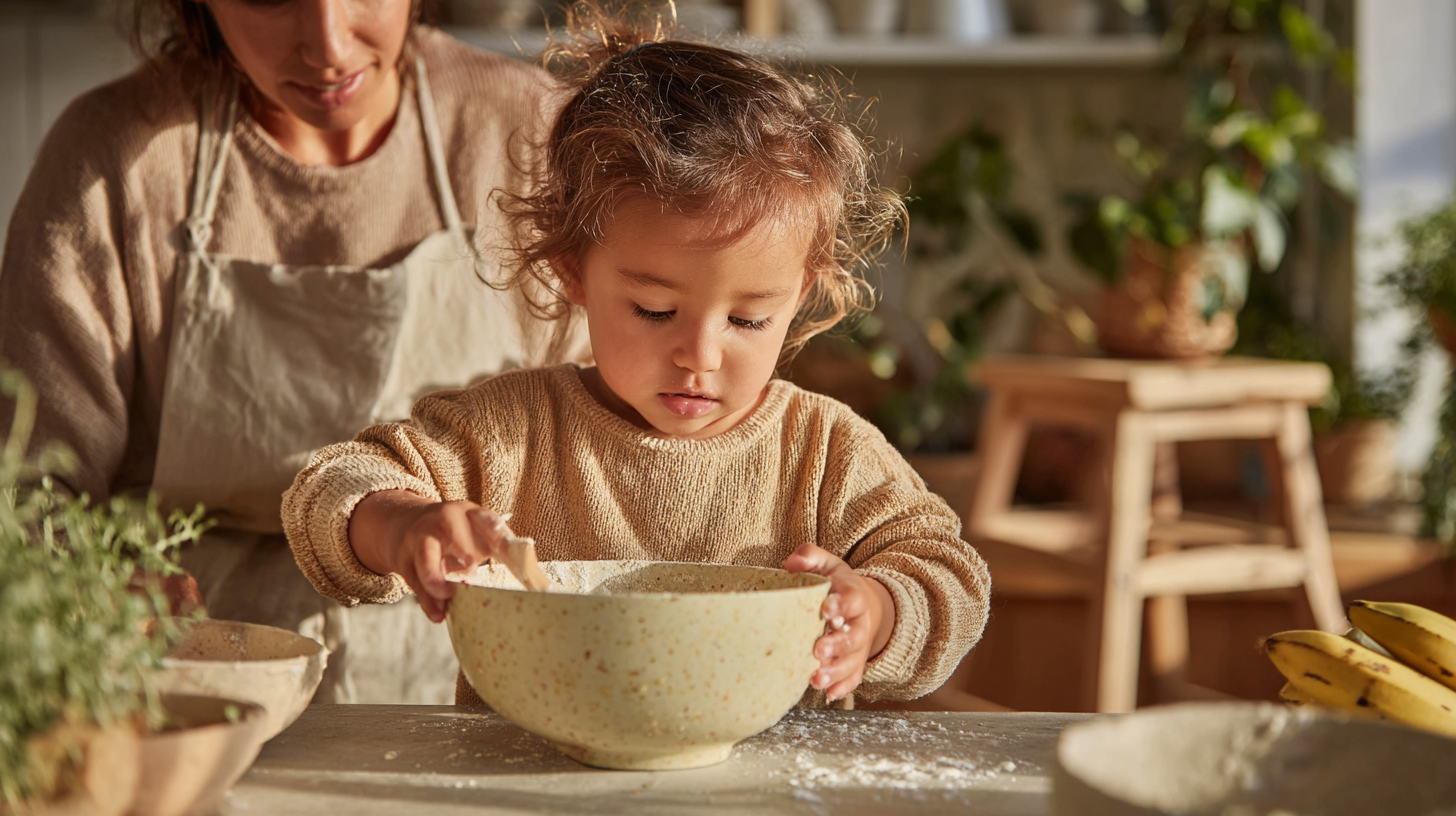 Young child happily stirring a bowl while learning basic kitchen skills with a parent