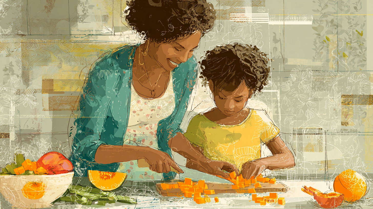 Parent and school-age child chopping vegetables together and building kitchen confidence