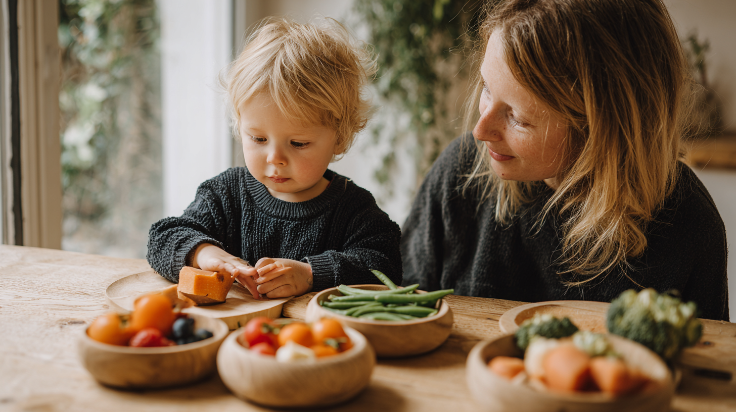 Parent and child playing with colorful fruits and vegetables in kitchen, exploring food through sensory play