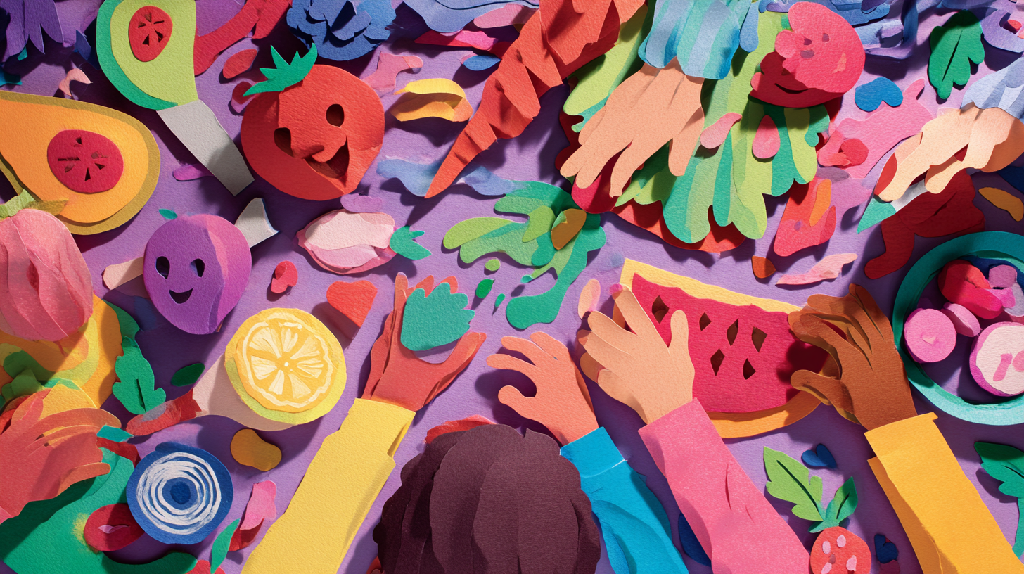 Children engaged in sensory food play activity with various textures and colors, exploring nutrition through hands-on games