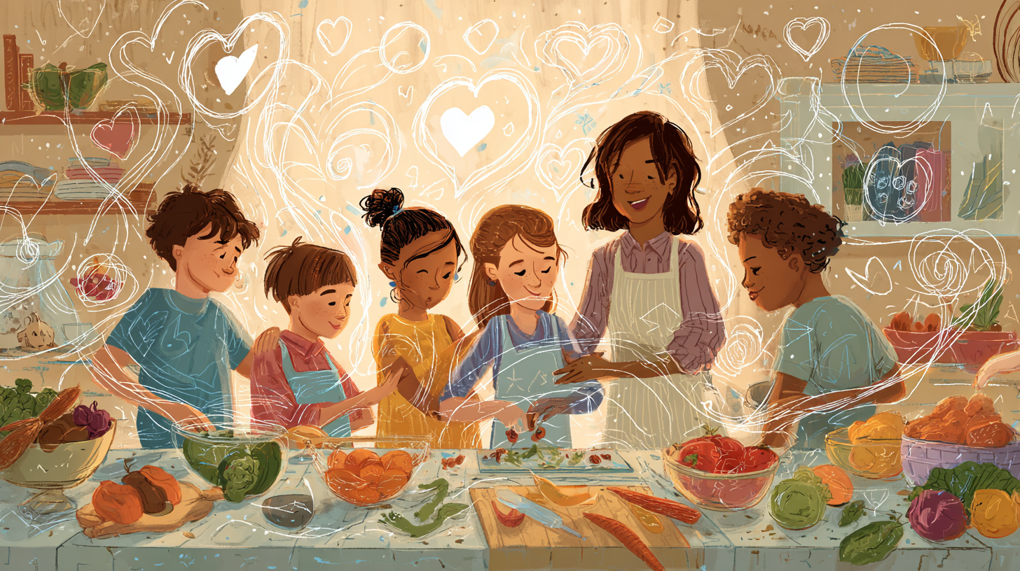 Diverse group of children creating colorful food art and playing educational nutrition games together