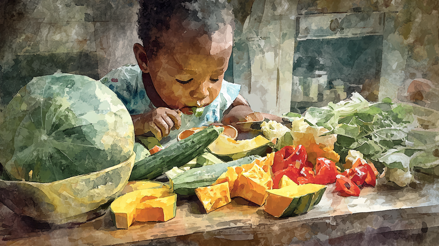 Toddler exploring colorful Caribbean vegetables with hands, showing natural curiosity and sensory engagement