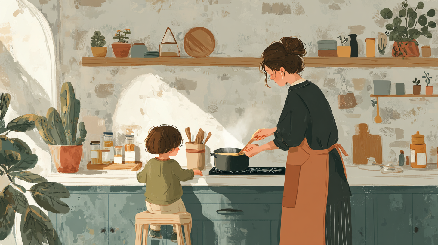 Parent and child cooking together in Caribbean kitchen, child stirring pot with colorful ingredients