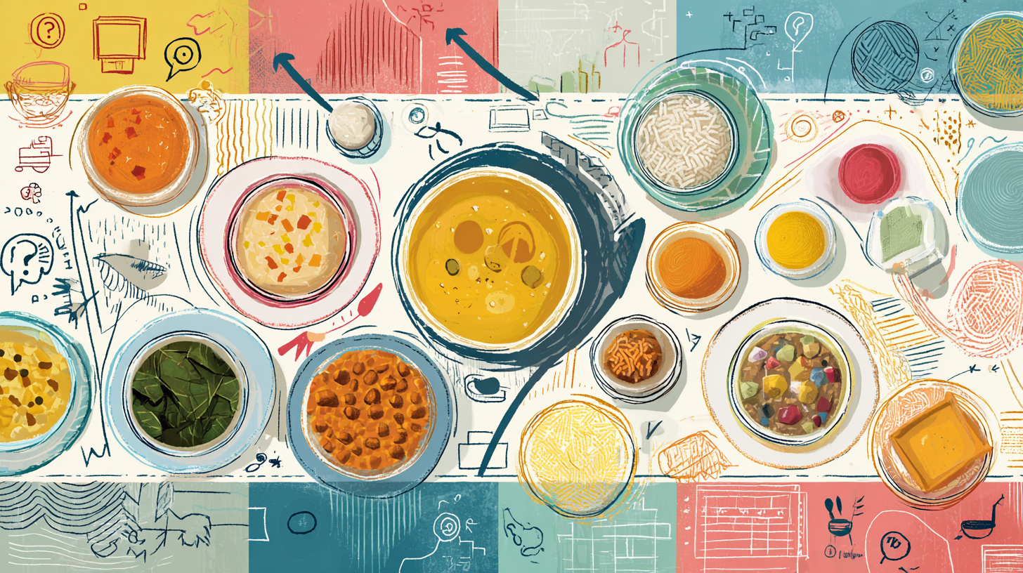 Colorful Caribbean meal spread with various foods arranged for family-style eating and exploration