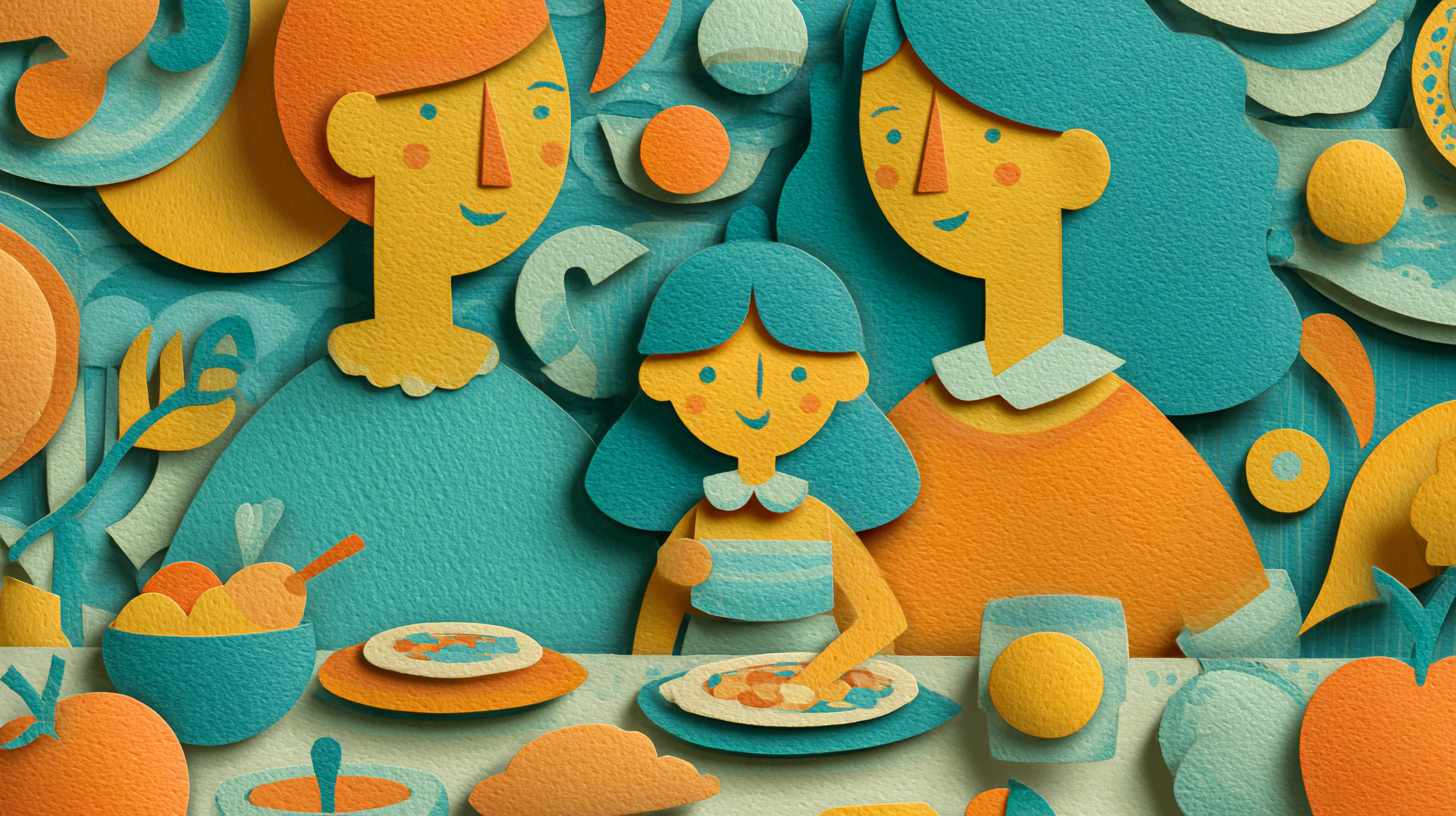 Toddler reaching for colorful Caribbean-inspired baby food on a family table.