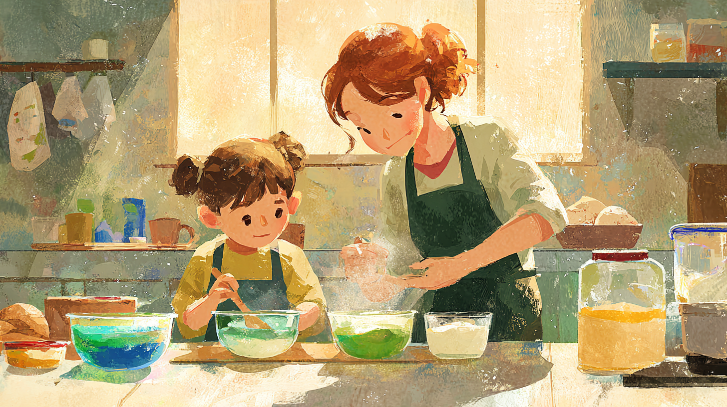 Parent and child conducting food science experiments in a bright kitchen with various ingredients and simple lab equipment