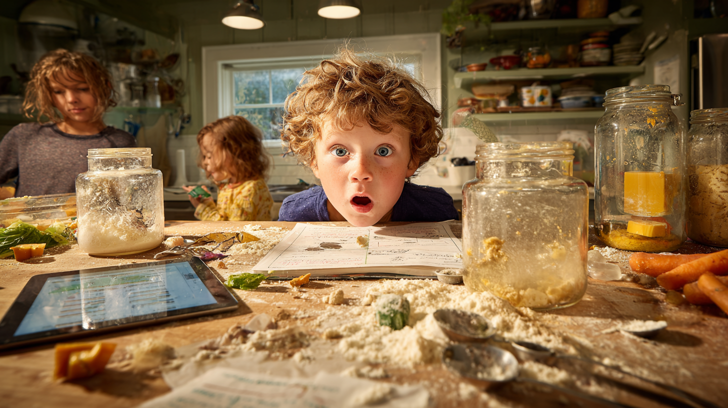 Messy but educational kitchen scene with parent and children exploring food science concepts together with various experiments in progress