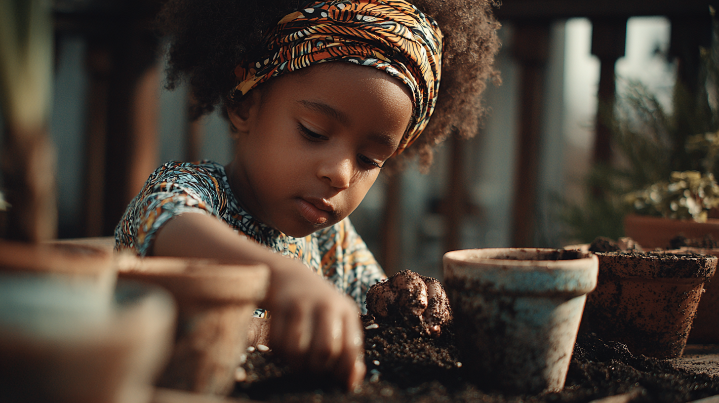 Young child with soil-covered hands planting seeds in colorful containers on a sunny balcony, smiling with concentration and joy