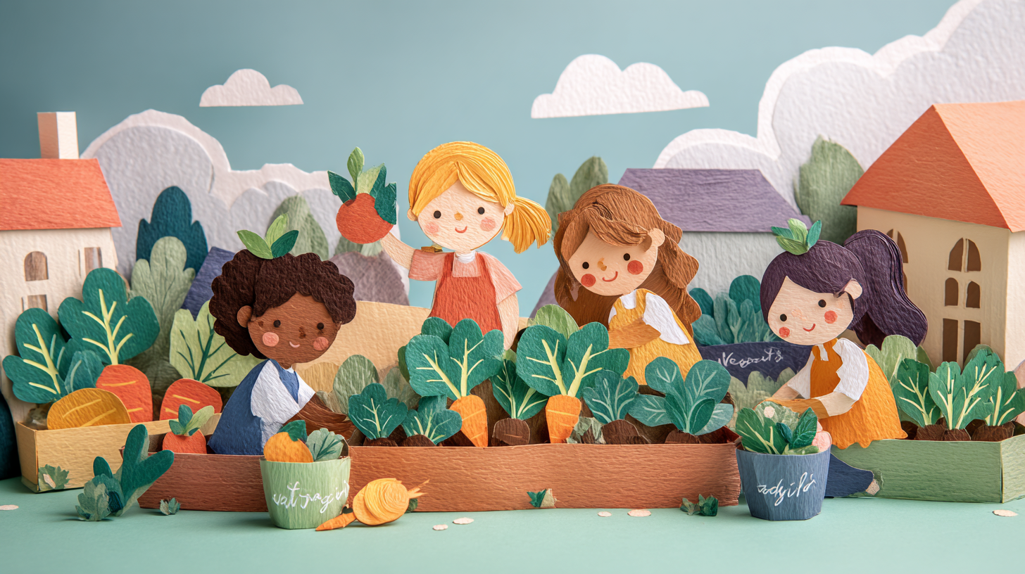 Children kneeling around raised garden beds, excitedly harvesting colorful carrots, spinach, and radishes together in afternoon sunlight