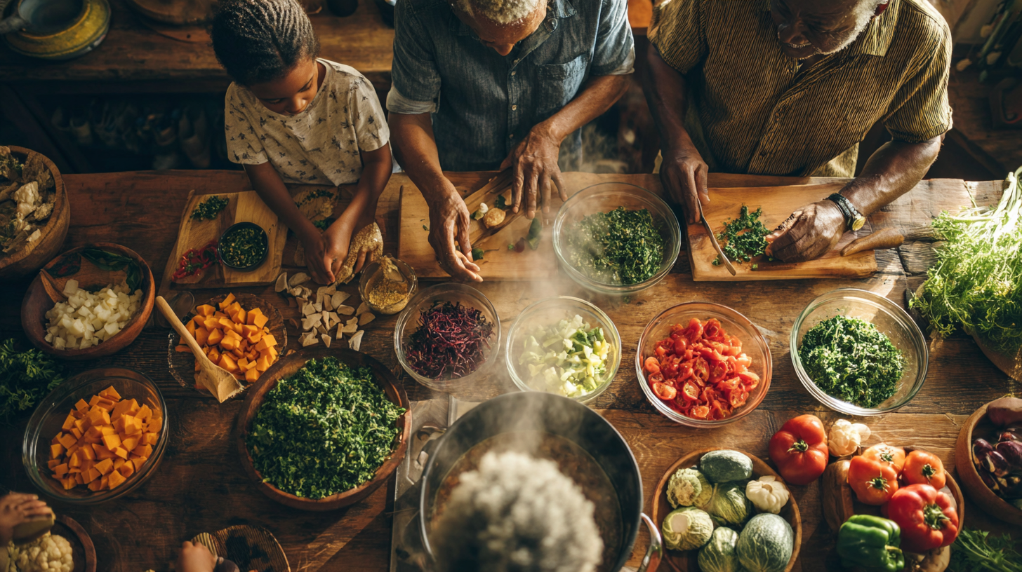 Family gathered around kitchen table, children helping prepare colorful Caribbean-inspired dishes with fresh vegetables from their home garden, multi-generational cooking together with joy