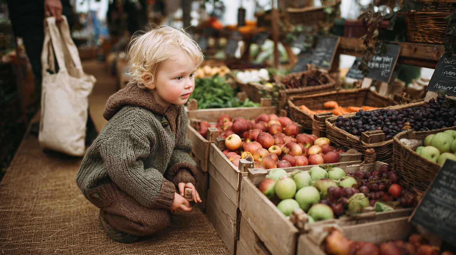 Children exploring fresh seasonal produce at a farmers market, learning about food cycles and sustainability