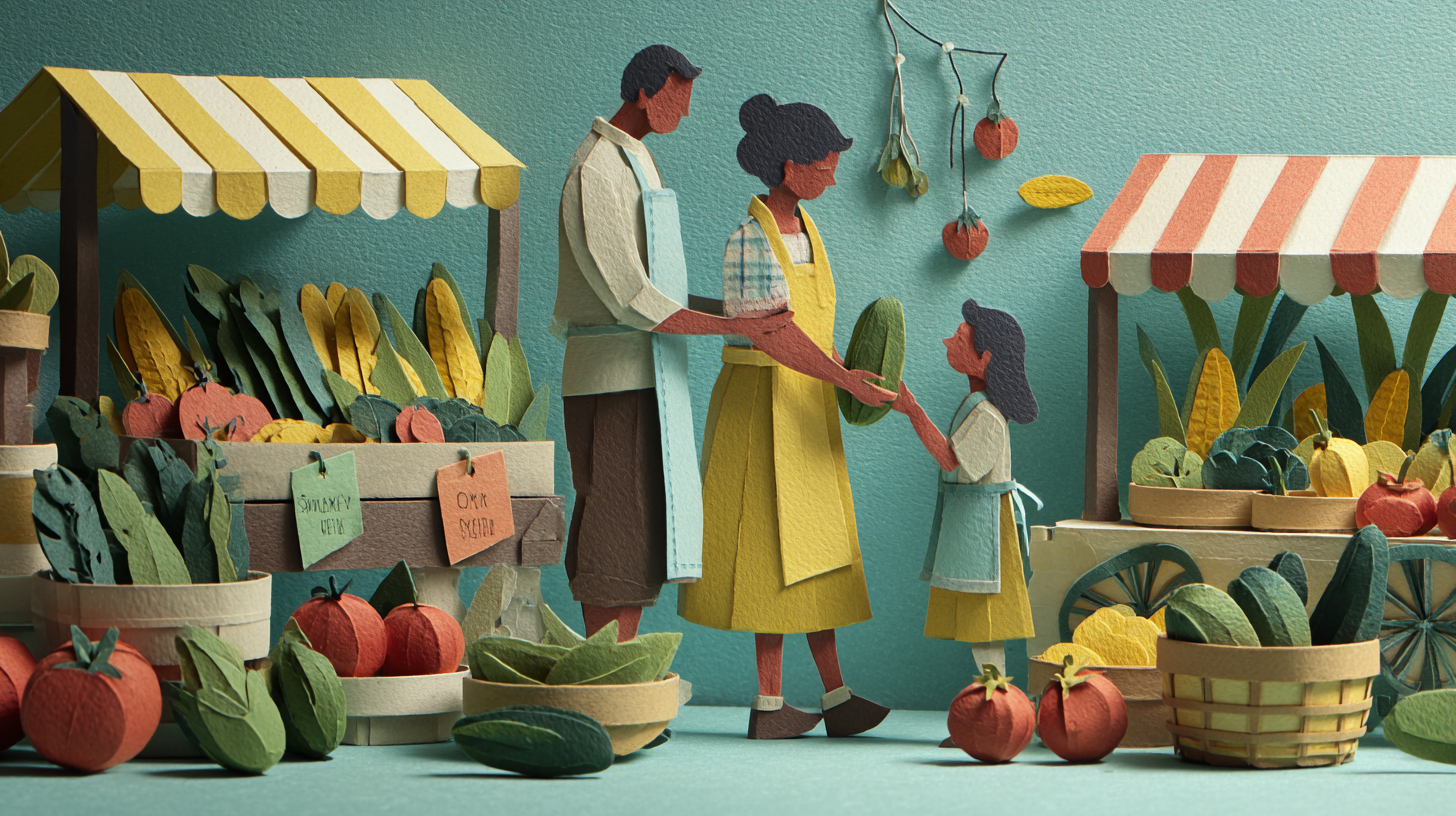 Family visiting a farmers market, children selecting fresh seasonal vegetables and fruits while learning from local farmers