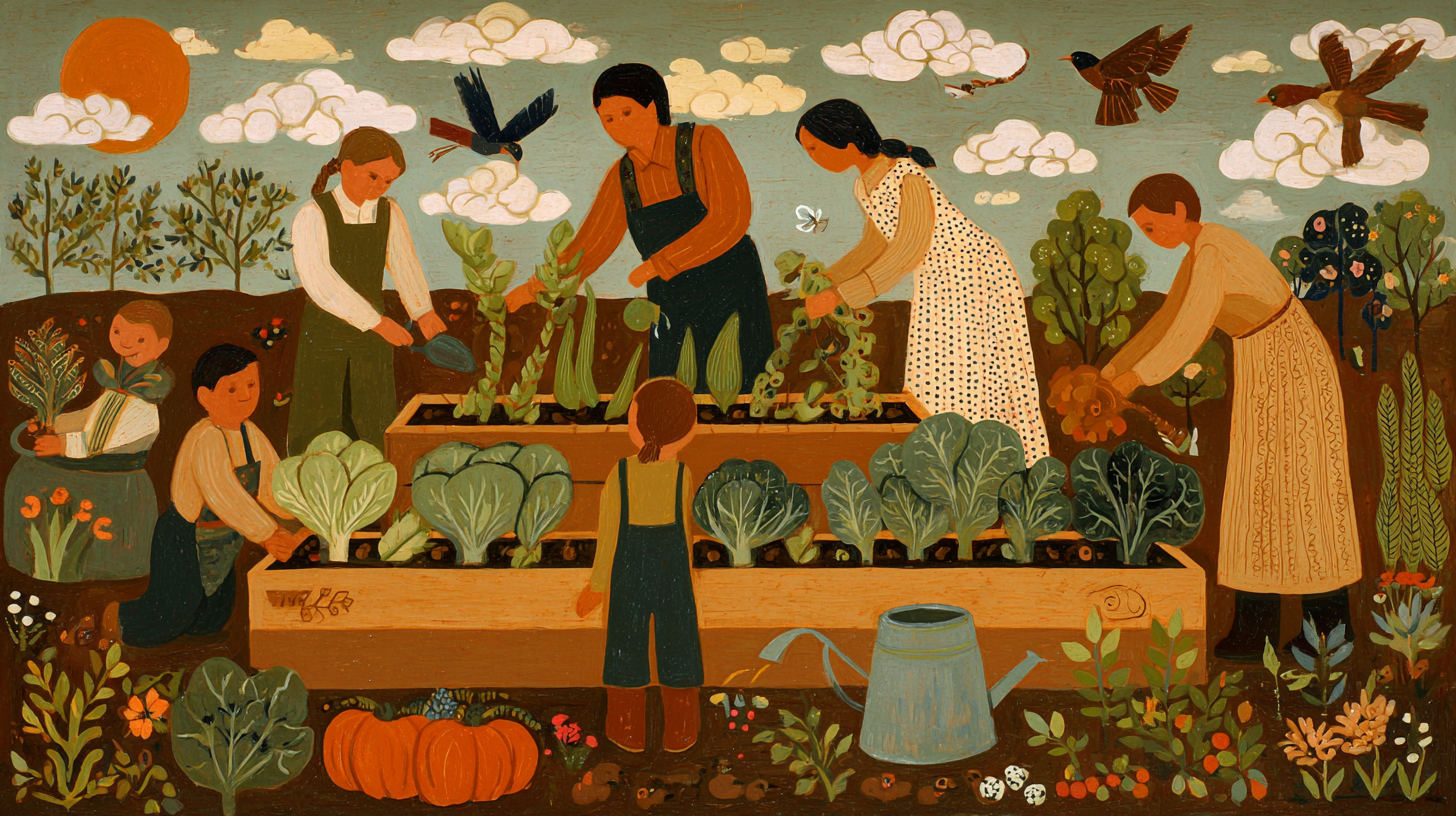 Children participating in garden-based education, planting and harvesting vegetables while learning about sustainable food practices