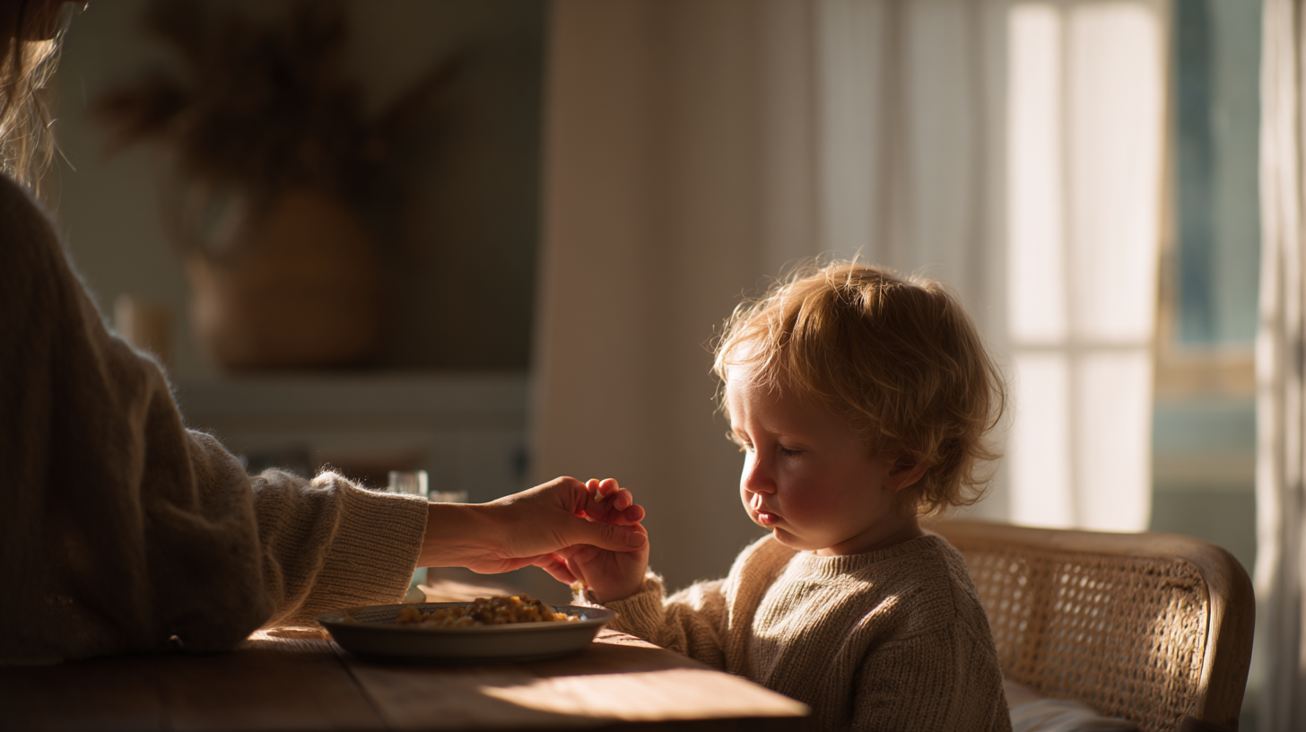 Parent comforting toddler during mealtime showing normal food refusal behavior