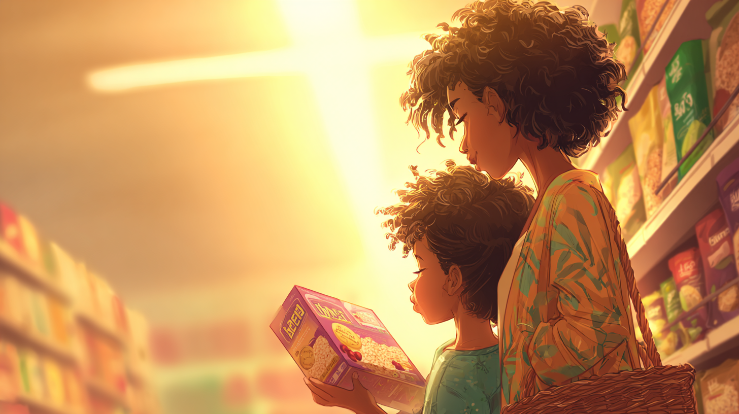 Parent teaching child about food labels and ingredients in kitchen with colorful fresh vegetables