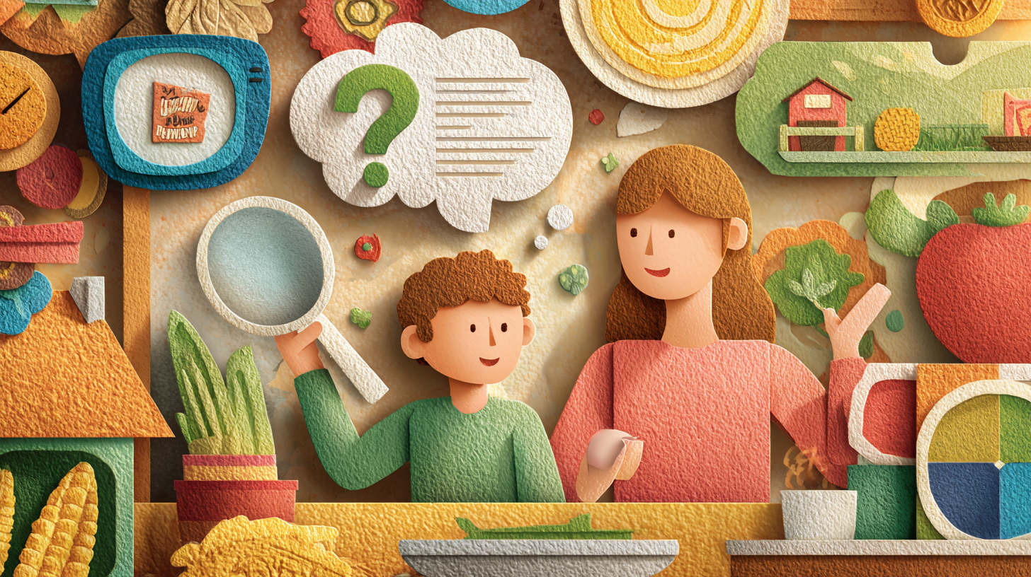Child reading nutrition label on food package with parent guidance showing critical thinking