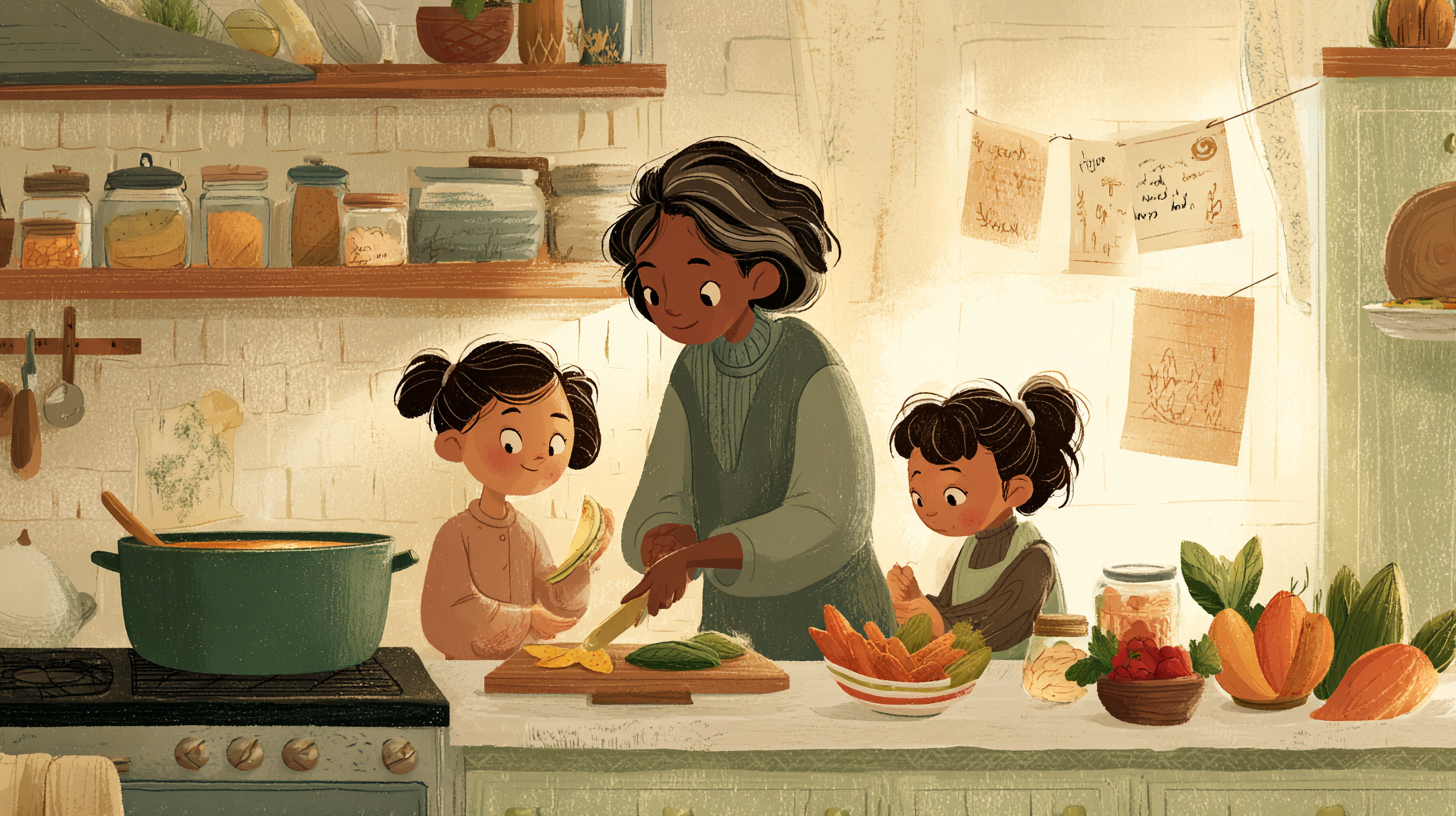 Family cooking together in kitchen teaching children food preparation and healthy eating habits