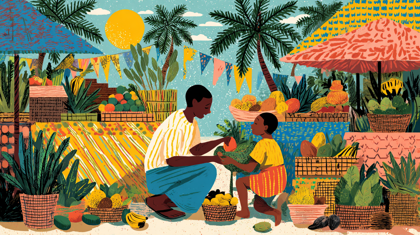 Parent and child exploring fresh vegetables at a local farmers market, teaching about food origins