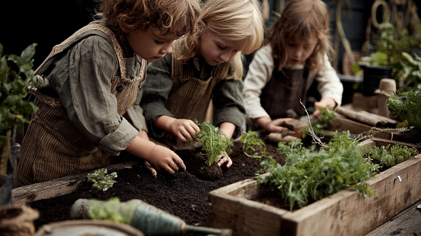 Children learning about farming and food production through hands-on garden activities