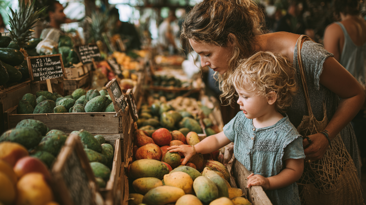 Caribbean parent and child exploring fresh produce together at farmer's market