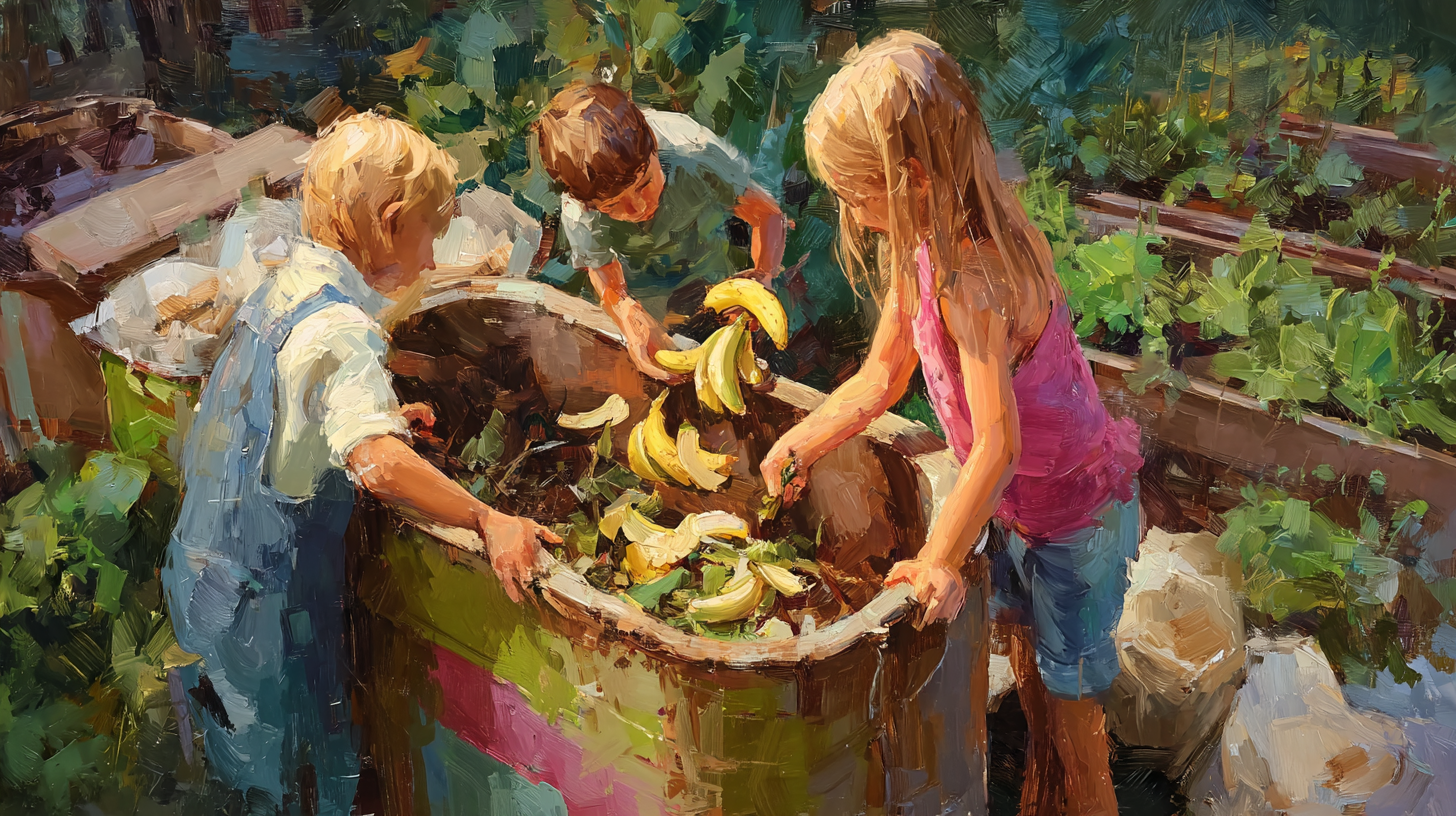 Children adding food scraps to colorful compost bin in garden setting
