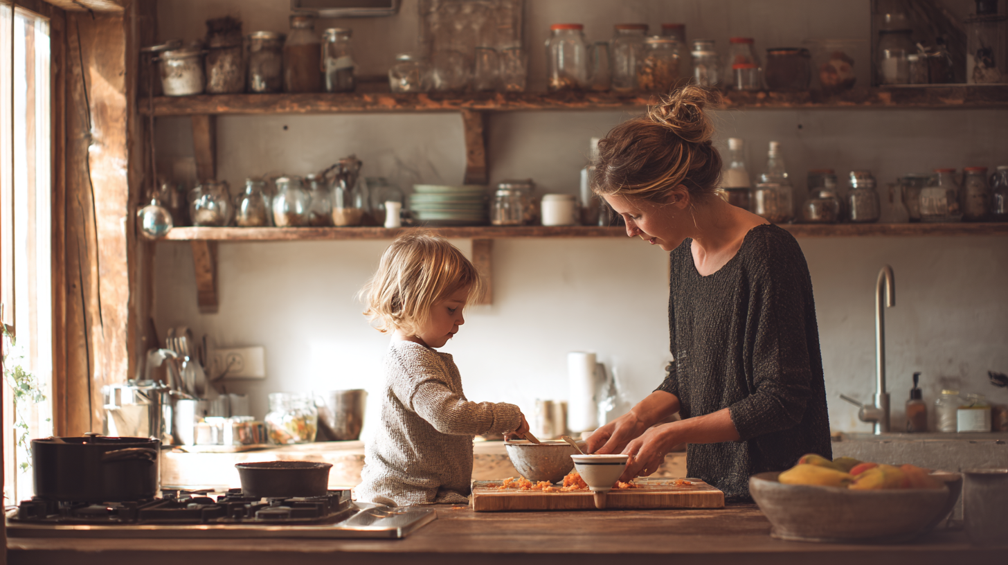 Parent and child cooking together in kitchen, teaching gratitude through meal preparation
