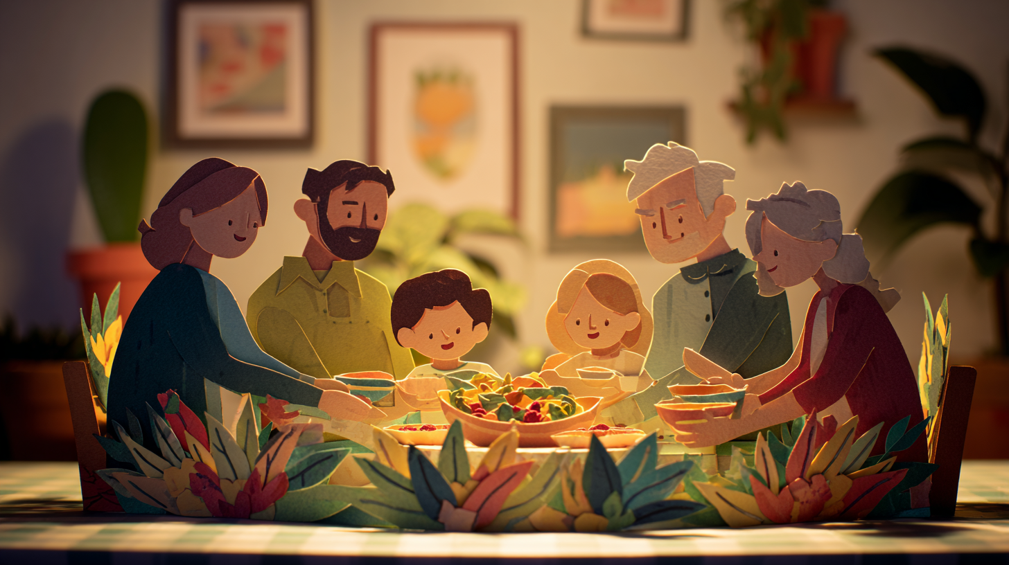 Family gathered around dinner table sharing meal together without phones, teaching children food appreciation
