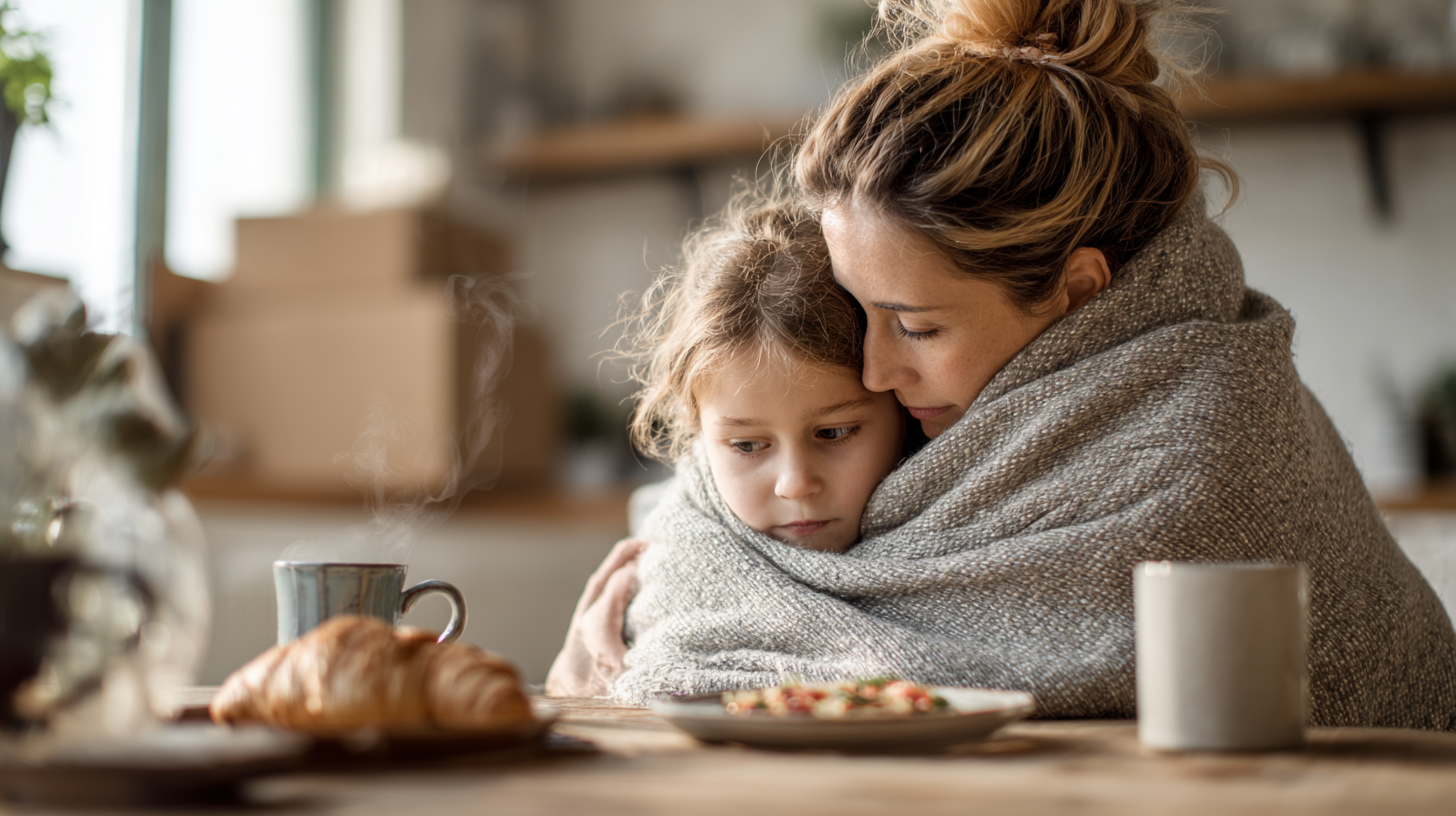 Parent comforting child during mealtime transition showing emotional connection during family change
