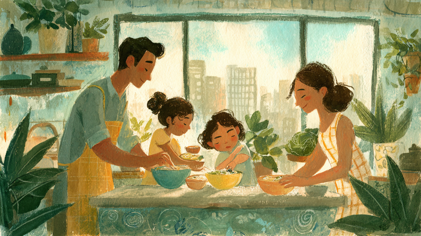 Family sharing meal together during transition maintaining connection and stability through routine
