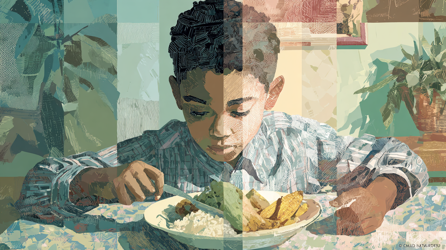 Child eating comfortable familiar meal during life transition showing importance of food consistency and routine