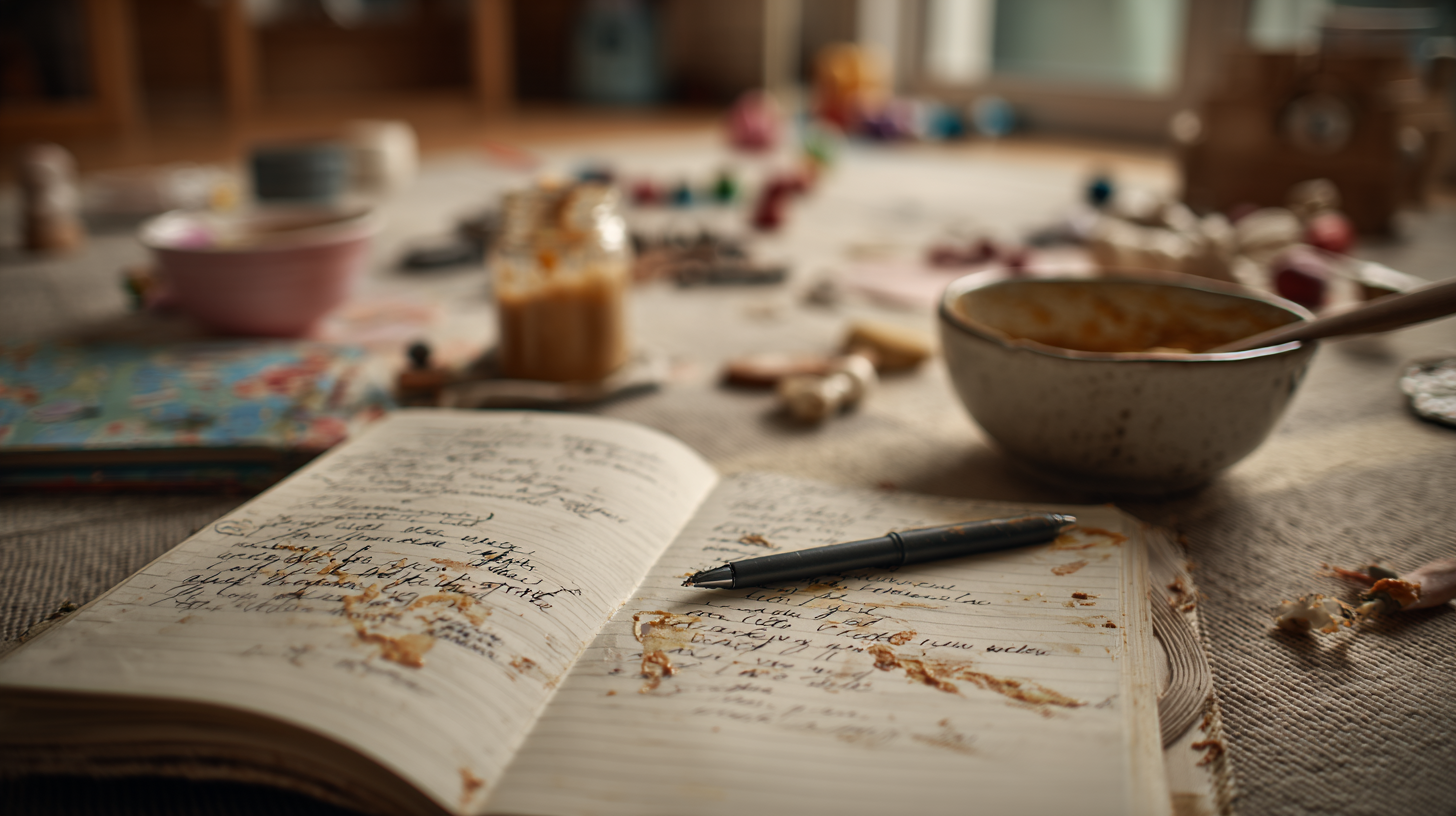 Parent journaling about feeding experiences with baby playing nearby