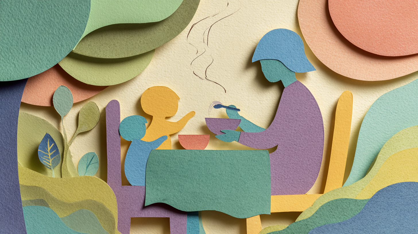 Peaceful feeding moment between parent and child with journal visible