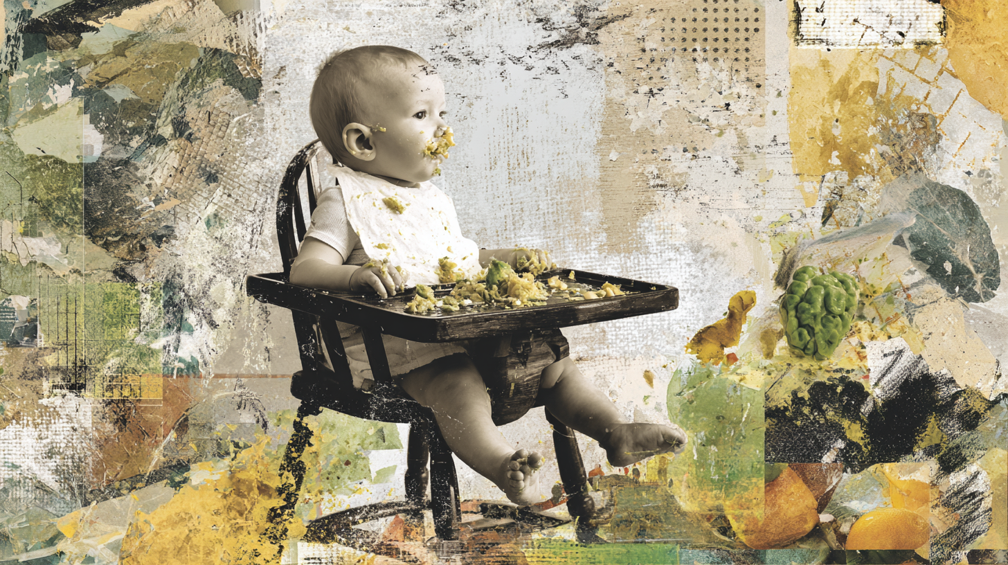 Real baby-led weaning mess showing food scattered on floor around high chair with exhausted parent cleaning up
