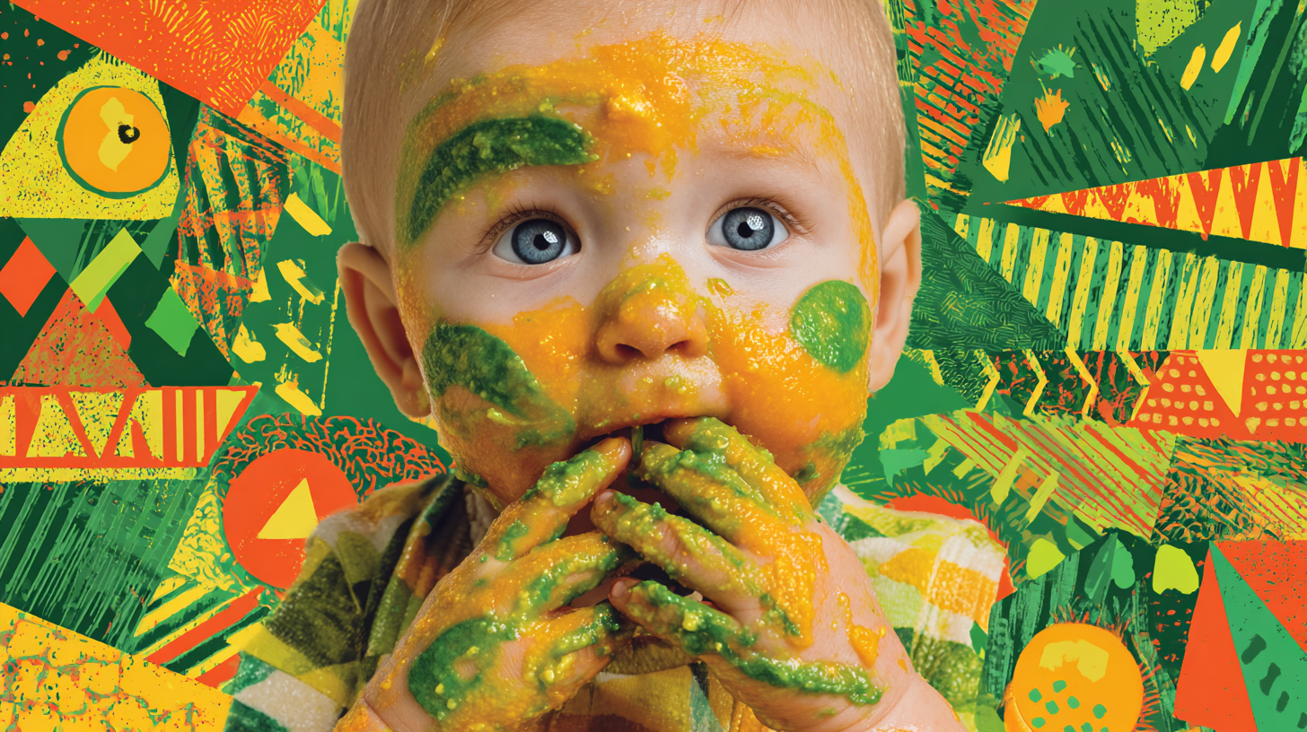 Close-up of baby covered in food during baby-led weaning with realistic mess and stressed parent in background