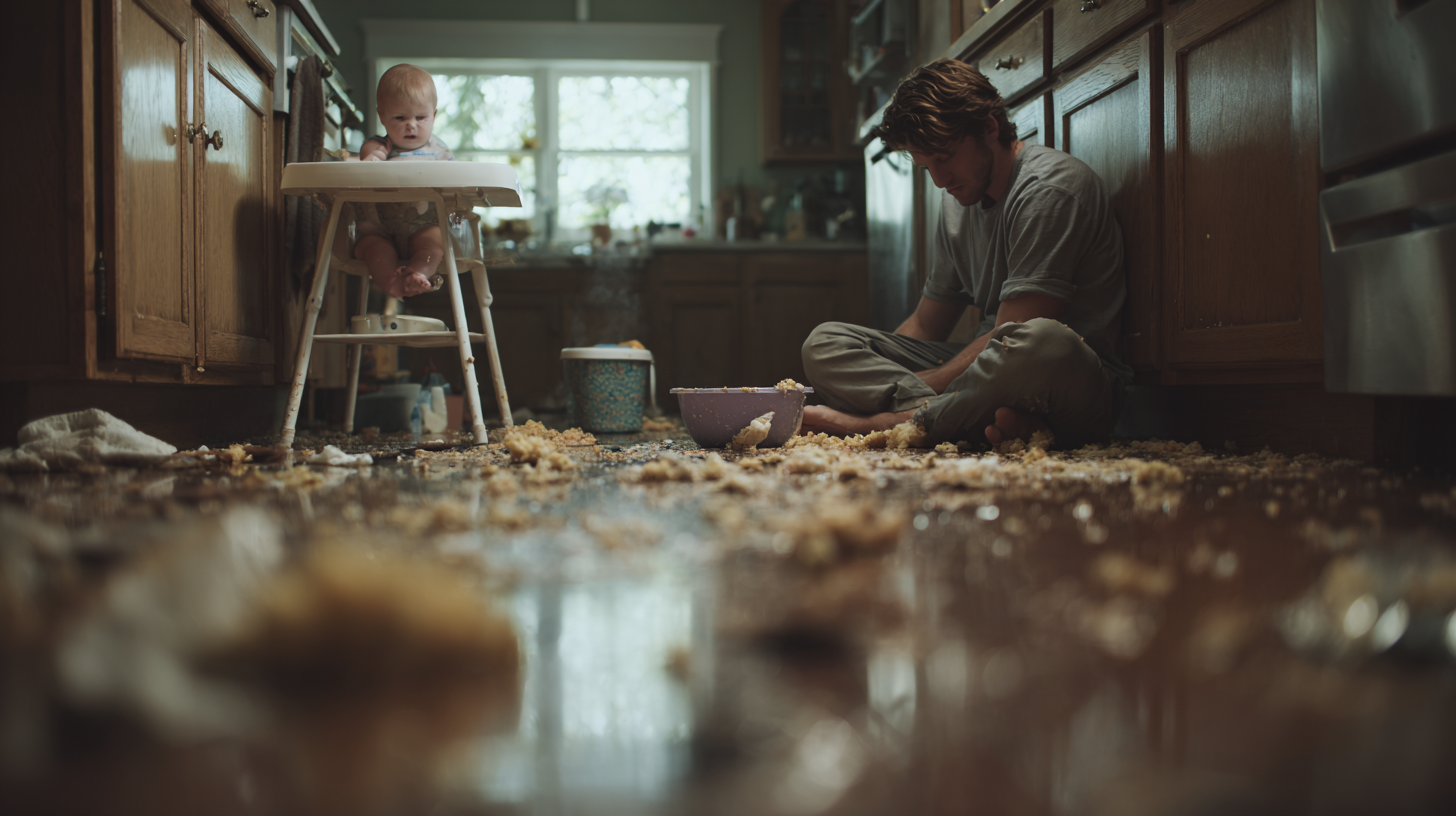 Parent exhausted while cleaning baby and kitchen after baby-led weaning meal showing real unglamorous moment