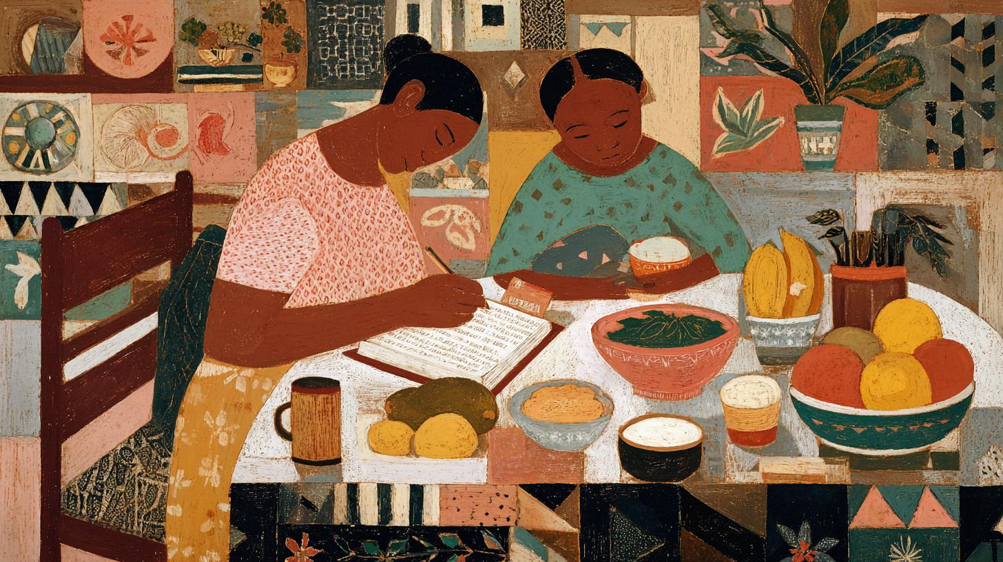 Parent documenting child's feeding progress in journal with healthy foods nearby