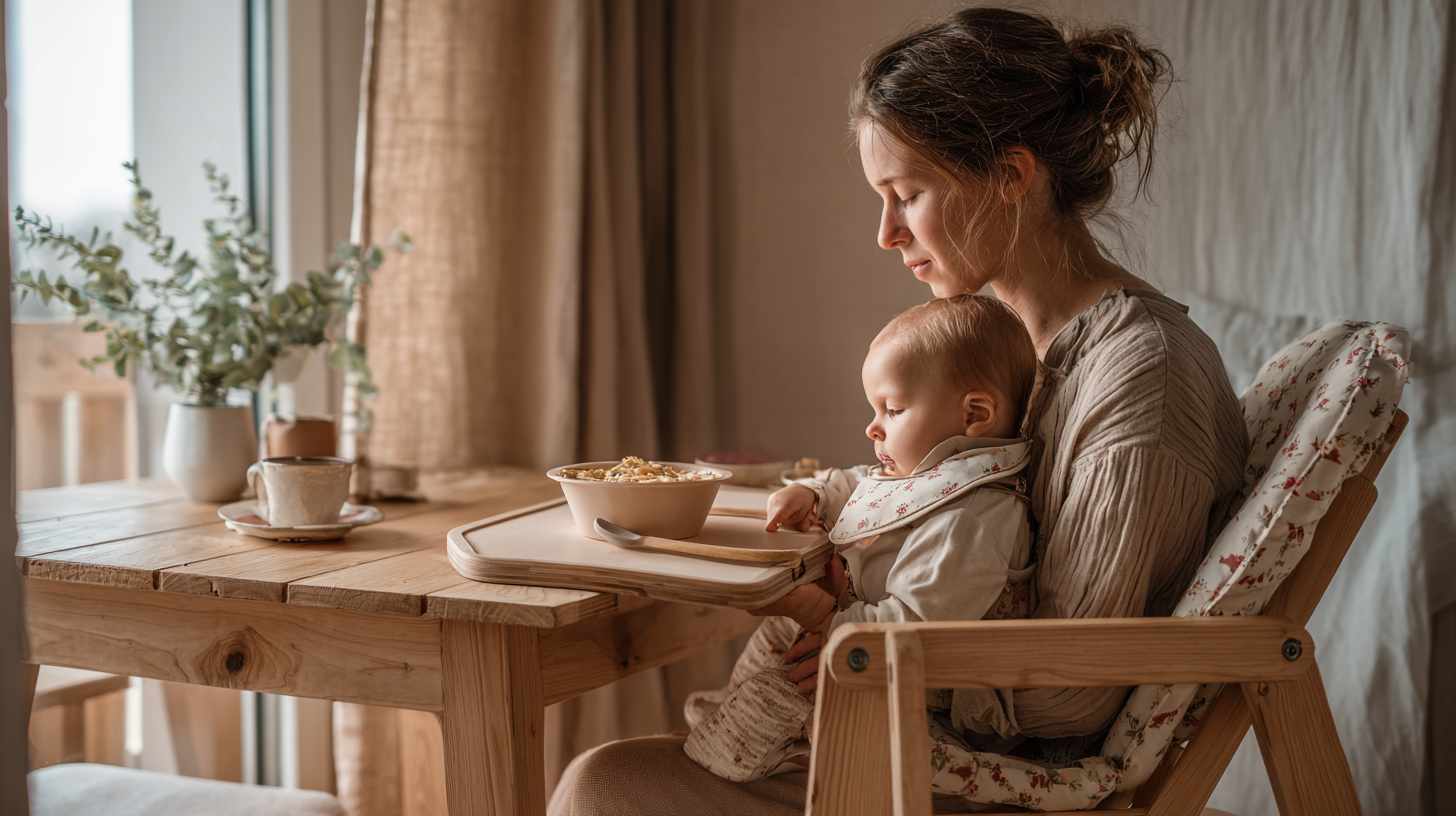 Parent feeding baby with gentle patience and self-kindness