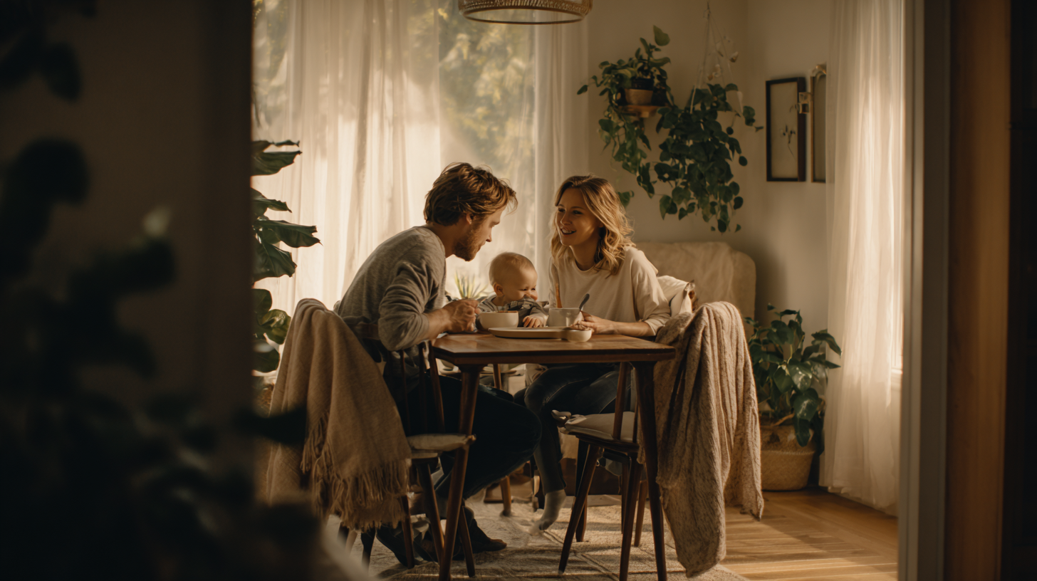 Parents sitting at a table supporting each other during a family meal with their baby