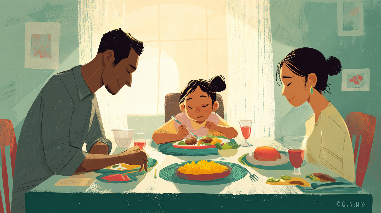 Co-parents serving a calm family meal across two homes
