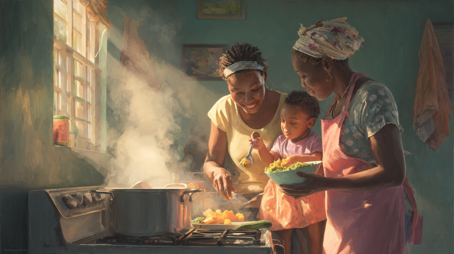Multigenerational family sharing a meal - grandmother, parent, and baby at the table
