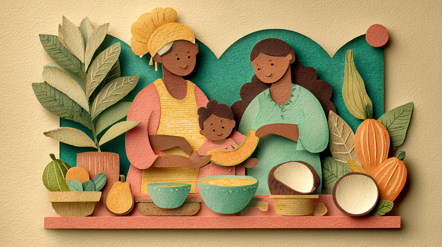 Caribbean grandmother and young mother preparing traditional food together in kitchen