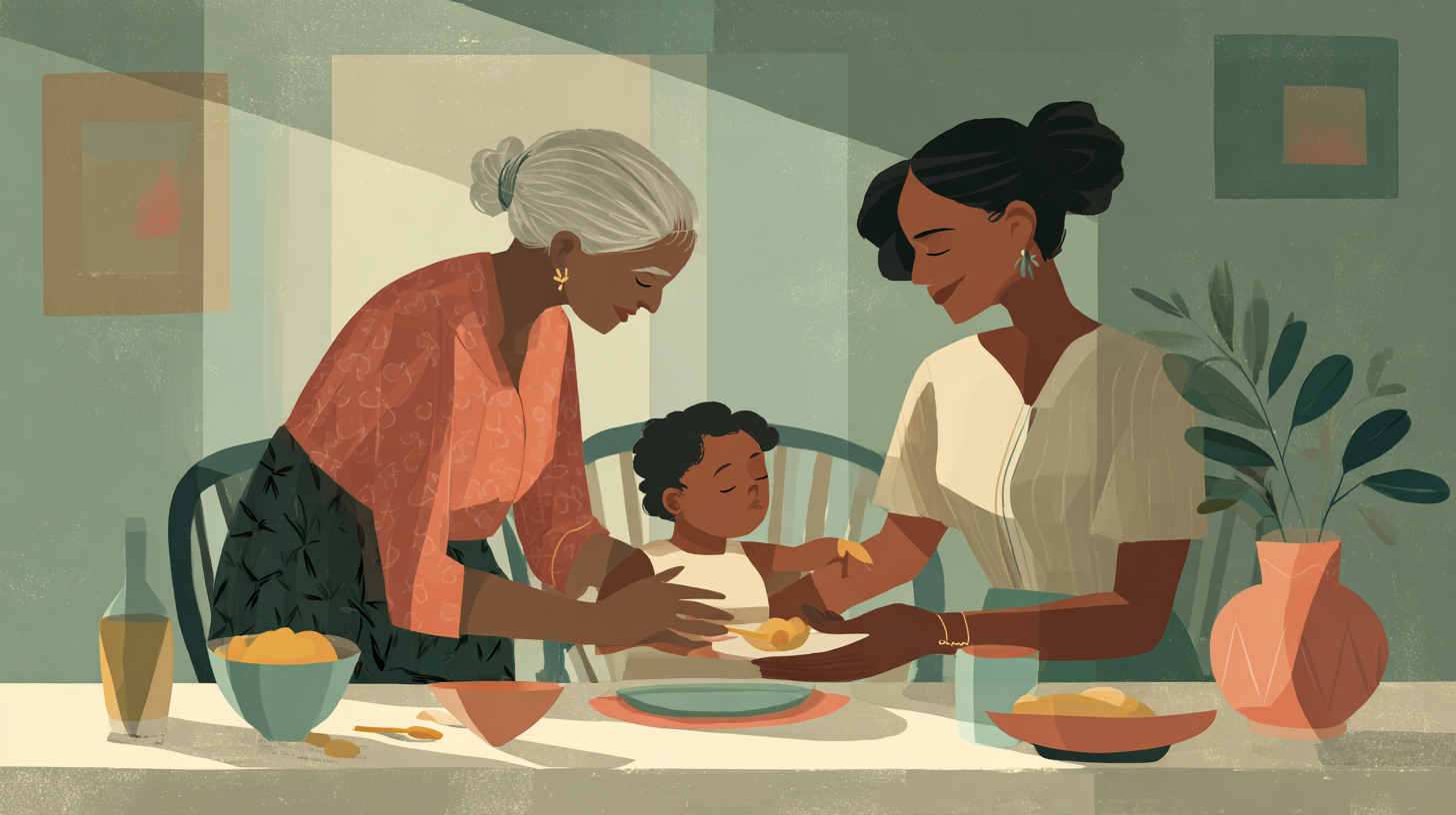 Three generations preparing food together - teaching baby about cultural foods