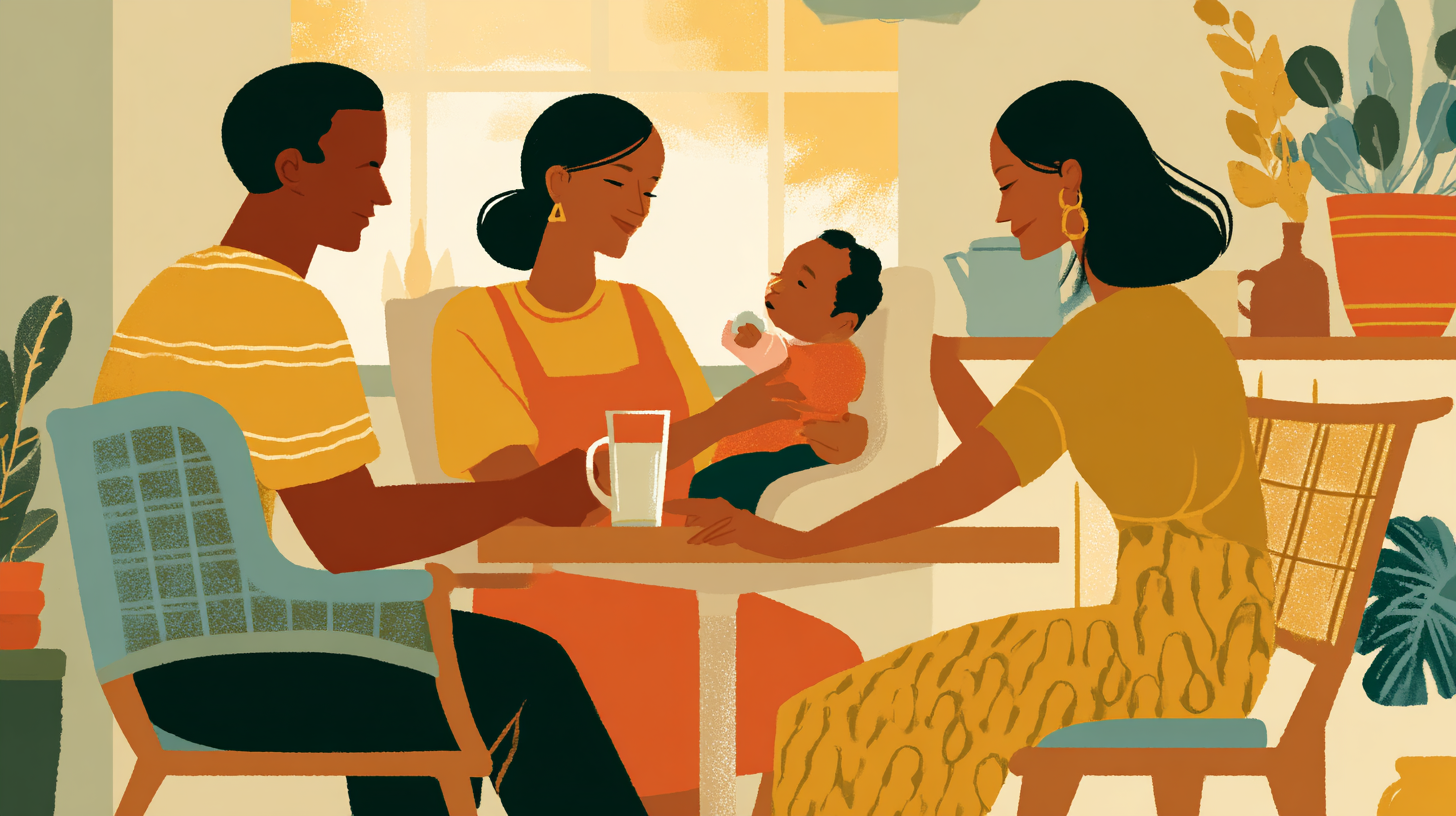 Caribbean mother feeding baby with supportive family around the table