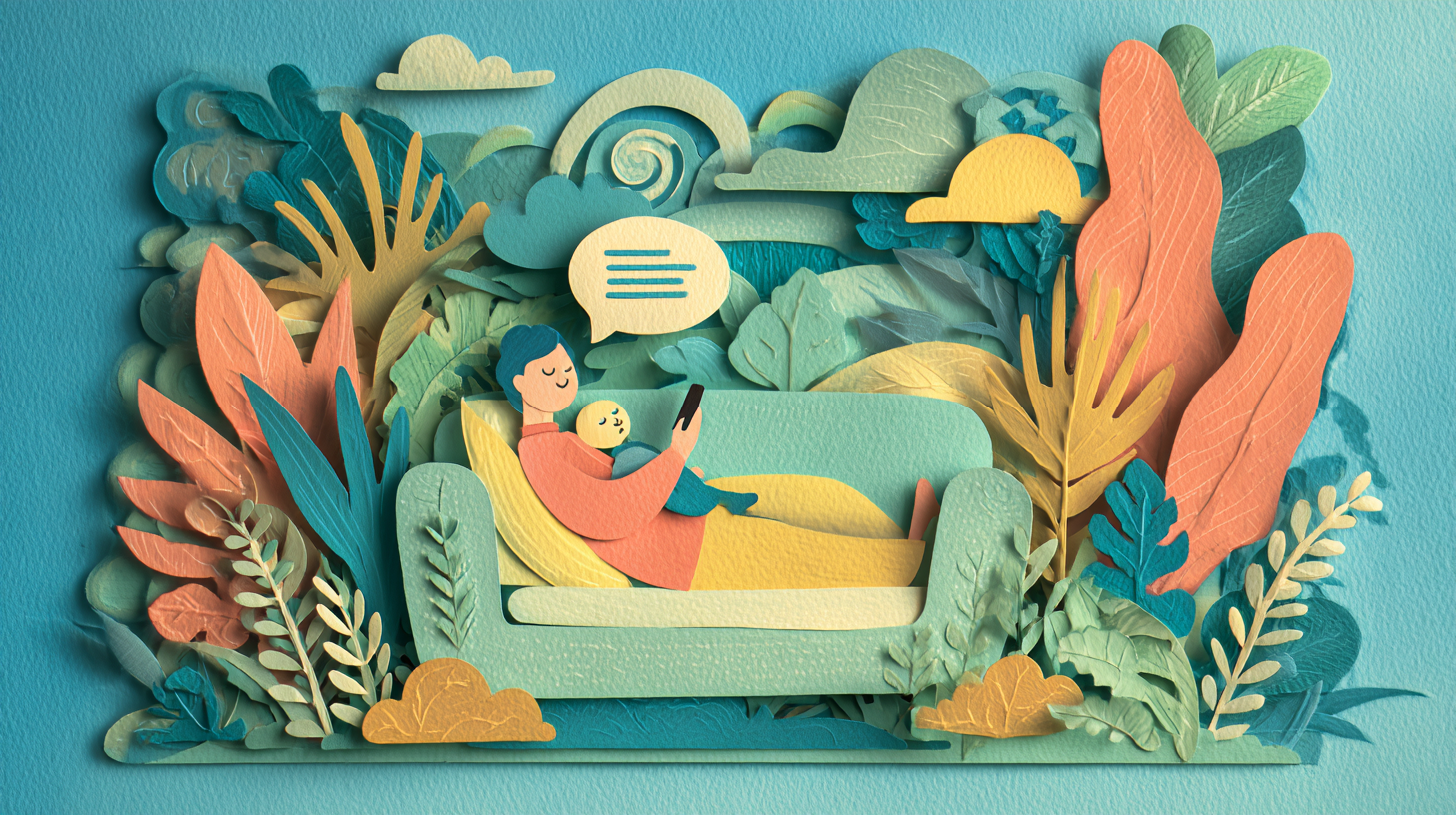 Parent relaxing with baby while checking feeding support on phone