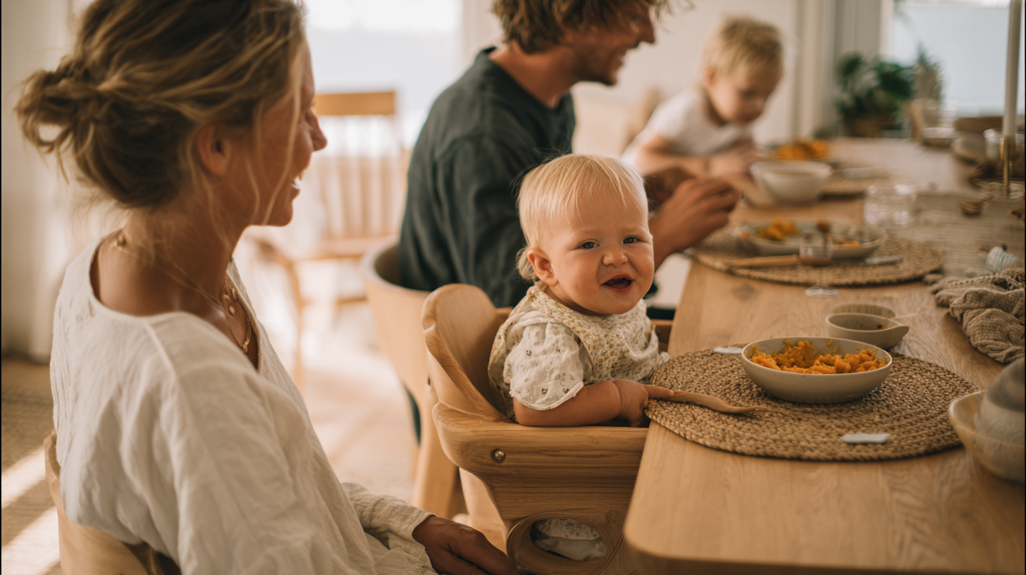 Happy family enjoying a relaxed Caribbean-inspired meal with baby