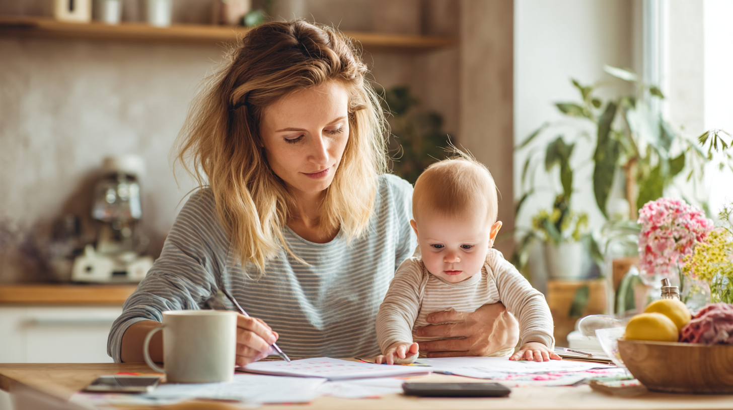 Mother holding baby while preparing questions for a doctor’s appointment